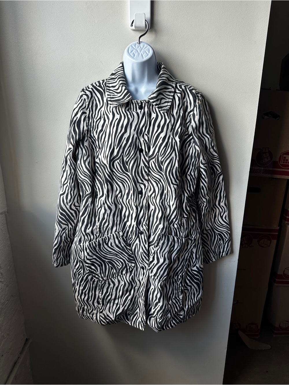 VTG Old Navy Coat Womens XL White Zebra Print Canvas Lined Overcoat Layered Y2K
